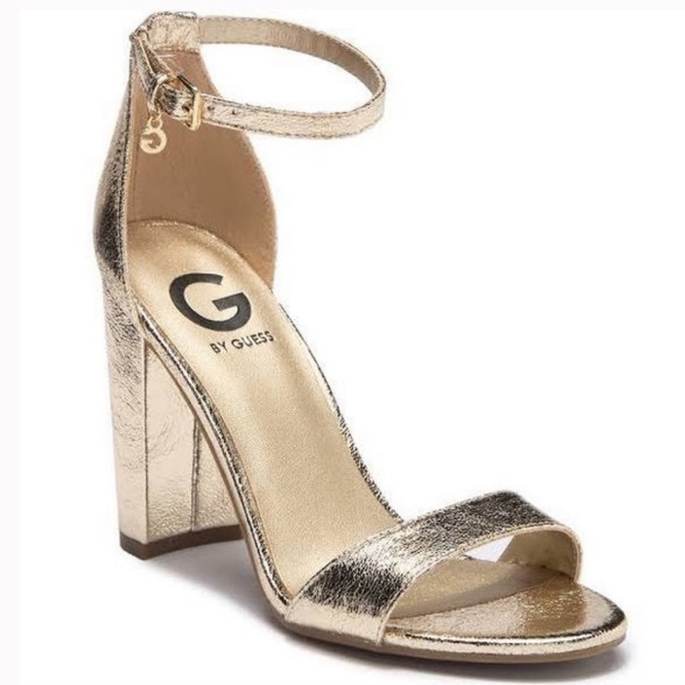 Womens G Guess Shantel3 Ankle Strap Block Heel Sandals, Gold Synthetic